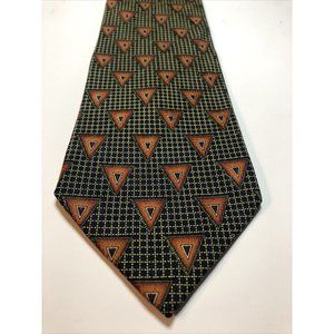 Nino Mori Men Necktie Green Black Rust Triangles Made in Italy 100% Silk VINTAGE